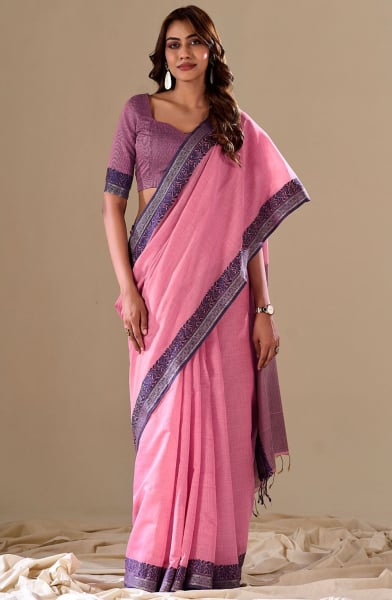 Carnation Pink Handloom Cotton Saree