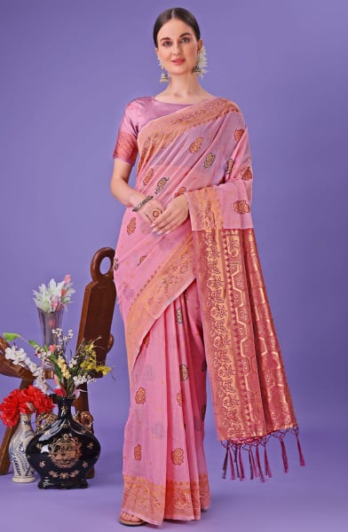 Carnation Pink Linen Cotton Saree for Festival