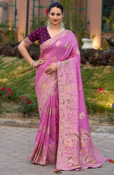 Carnation Pink Meenakari Weaving Pure Dola Silk Saree