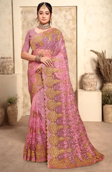 Carnation Pink Resham Embroidered Net Saree