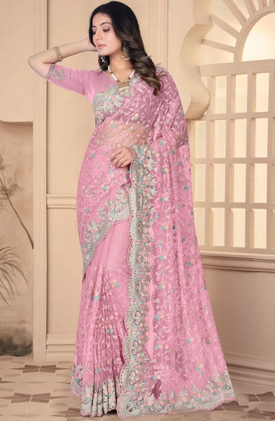 Carnation Pink Resham Embroidered Net Saree