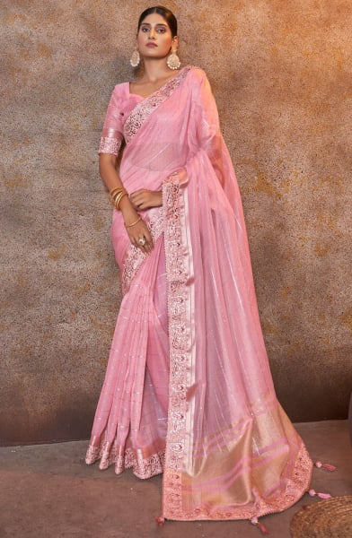 Carnation Pink Sequins Embellished Dyed Silk Saree