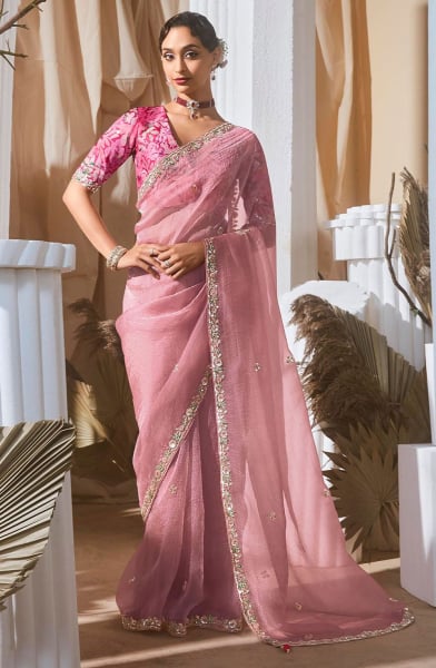 Carnation Pink Sequins Embroidered Tissue Organza Saree