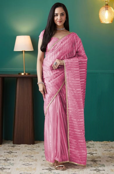 Carnation Pink Striped Organza Ready to Wear Saree