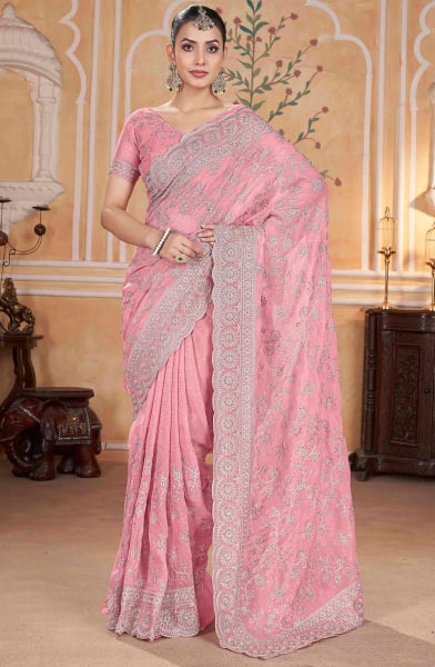 Carnation Pink Thread Embroidered Saree for Ceremonial