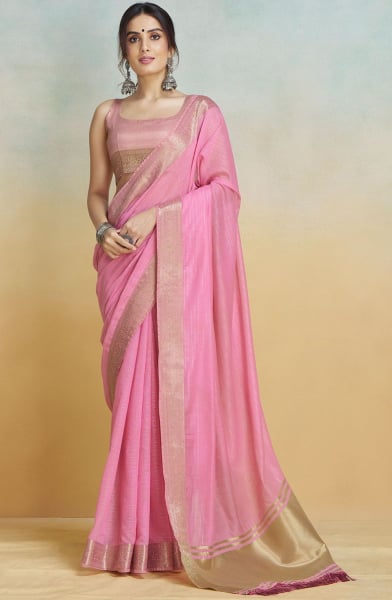 Carnation Pink Woven Handloom Khadi Silk Saree