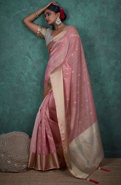 Carnation Pink Zari Woven Linen Blend Saree