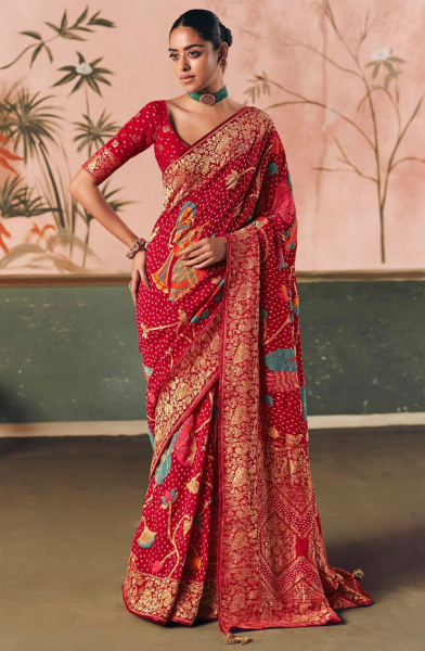 Carrot Red Bandhej Weaving Pure Khaddi Georgette Saree