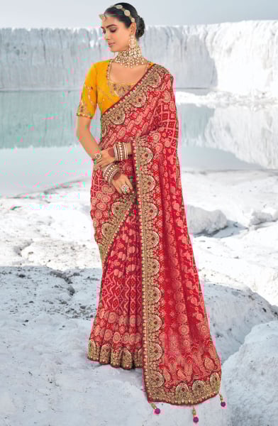 Carrot Red Pure Georgette Bandhani Patola Saree with Double Blouse
