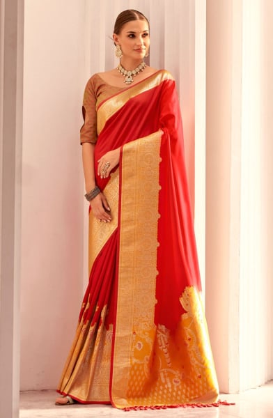 Carrot Red Woven Soft Silk Saree for Wedding