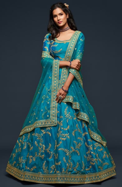 Cerulean Blue Embroidered Art Silk Designer Lehenga Choli