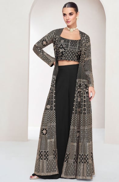 Charcoal Black Embroidered Georgette Designer IndoWestern
