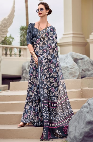 Charcoal Grey Digital Print Pure Mal Mal Silk Saree