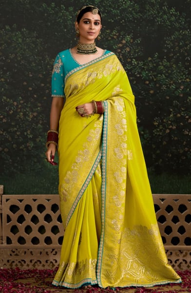 Chartreuse Embroidered Dola Silk Designer Saree