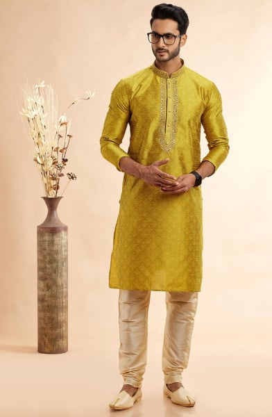 Chartreuse Embroidered Jacquard Art Silk Kurta Set