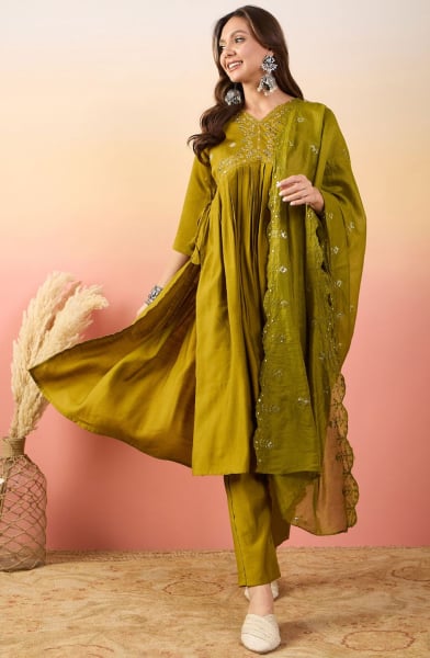 Chartreuse Embroidered Silk Readymade Pant Kameez