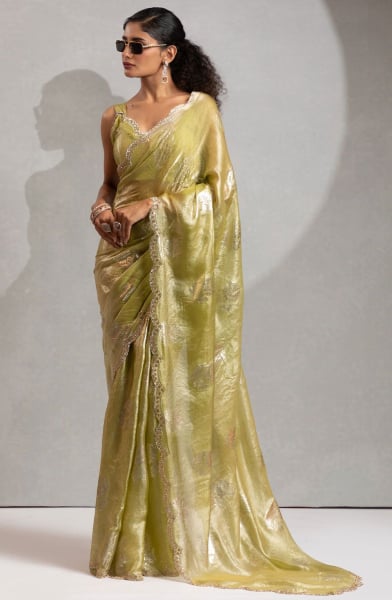 Chartreuse Green Embellished Satin Silk Saree