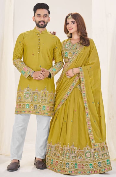Chartreuse Green Embroidered Georgette Couple Combo