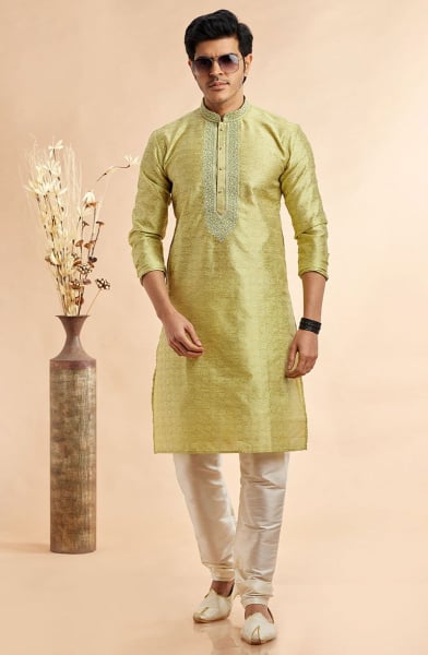 Chartreuse Green Embroidered Jacquard Art Silk Kurta Set