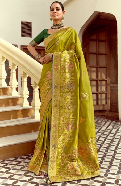 Chartreuse Green Handwork Dola Silk Saree