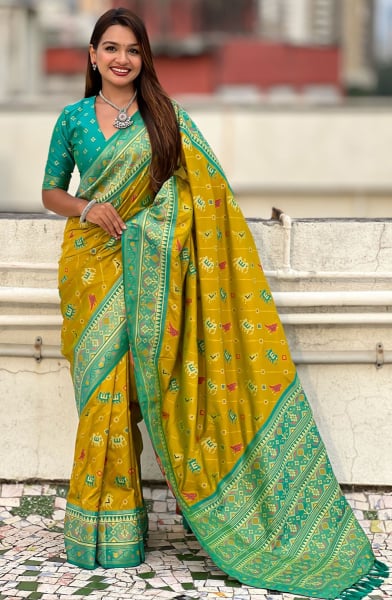 Chartreuse Green Meenakari Patola Silk Saree