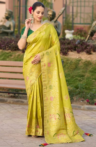 Chartreuse Green Meenakari Weaving Pure Dola Silk Saree