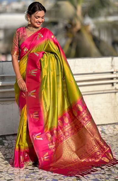 Chartreuse Green Woven Soft Silk Saree