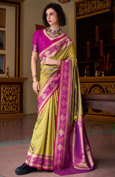 Chartreuse Green Zari Weaving Banarasi Silk Saree
