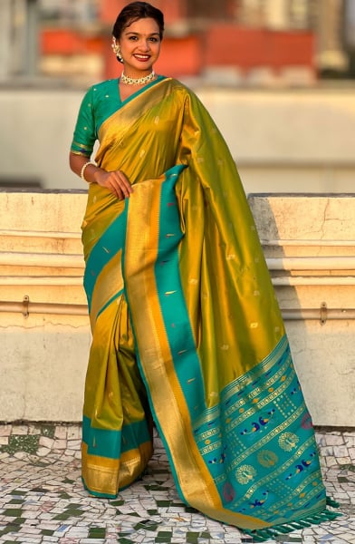 Chartreuse Green Zari Woven Paithani Silk Saree
