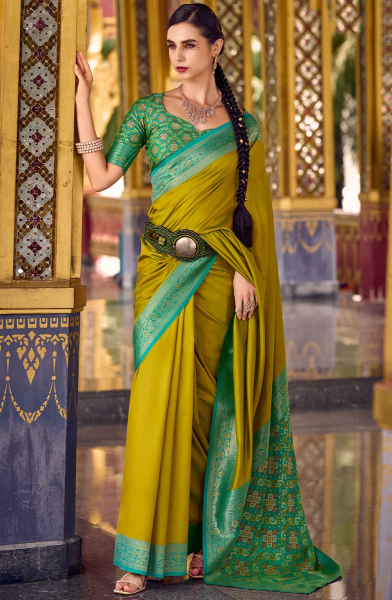 Chartreuse Green Zari Woven Soft Silk Saree