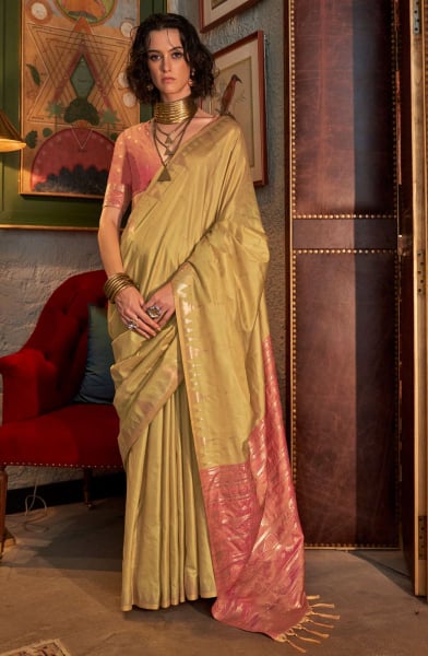 Chartreuse Handloom Weaving Tussar Silk Saree