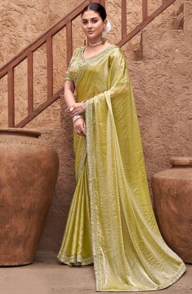 Chartreuse Yellow Embroidered Satin Silk Designer Saree