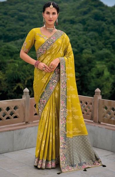 Chartreuse Yellow Khatli Work Designer Silk Saree