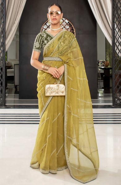 Chartreuse Yellow Organza Saree with Embroidered Blouse