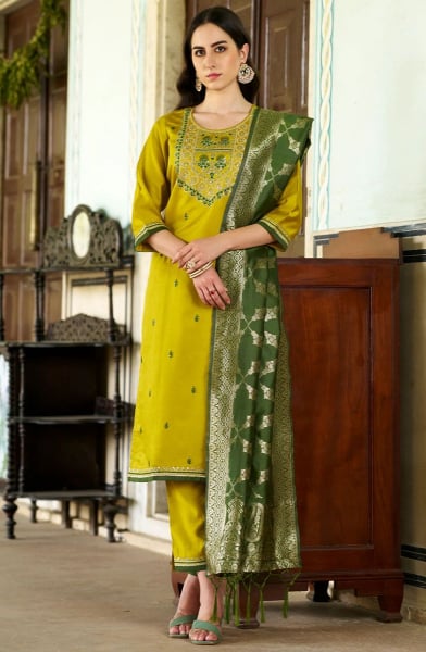 Chartreuse Yellow Viscose Rayon Readymade Pant Kameez