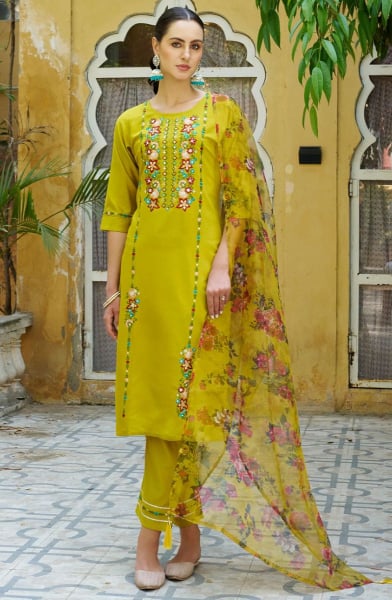 Chartreuse Yellow Viscose Rayon Readymade Pant Kameez