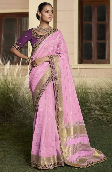Cherry Pink Cotton Saree with Embroidered Blouse