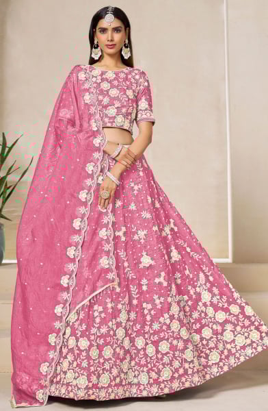 Cherry Pink Embroidered Crush Organza Lehenga Choli