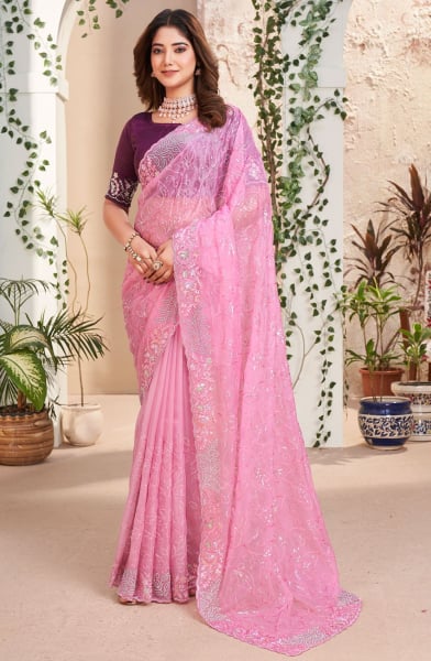 Cherry Pink Embroidered Designer Saree for Ceremonial