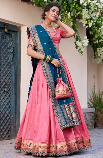 Cherry Pink Embroidered Jacquard Silk Lehenga Choli