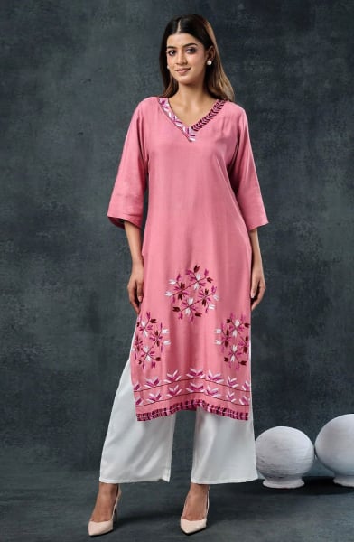 Cherry Pink Embroidered Rayon Kurta with Bottom
