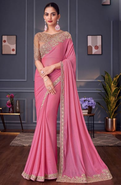 Cherry Pink Embroidered Shimmer Silk Designer Saree