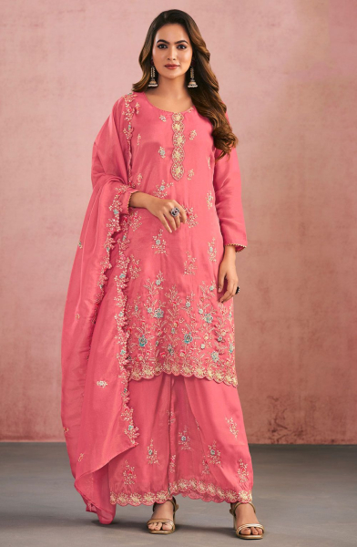 Cherry Pink Embroidered Shimmer Silk Palazzo Kameez
