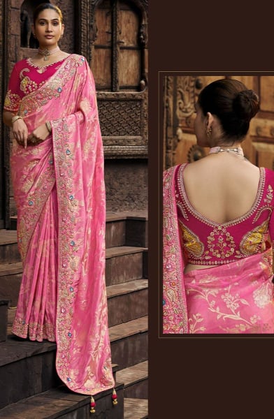 Cherry Pink Embroidered Viscose Tissue Designer Saree