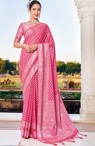 Cherry Pink Georgette Saree with Zari Weaving