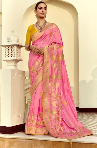 Cherry Pink Handwork Dola Silk Saree
