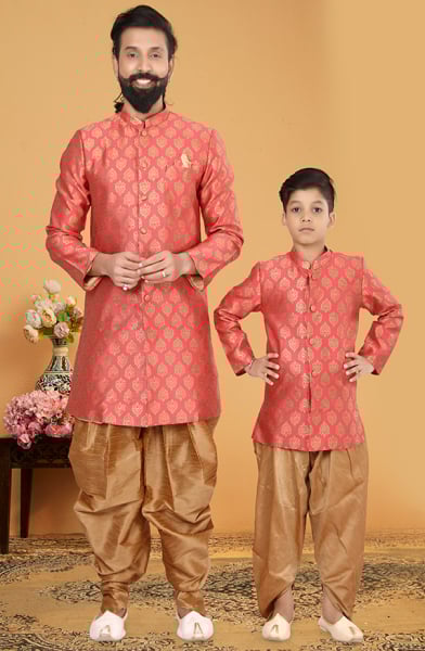 Cherry Pink Jacquard Silk Father Son Indo Western Combo