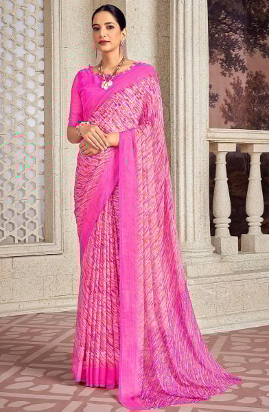 Cherry Pink Printed Chiffon Casual Wear Saree