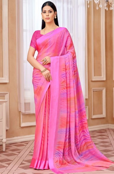 Cherry Pink Printed Chiffon Saree with Satin Border