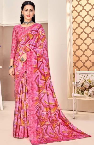 Cherry Pink Printed Silk Crepe Saree
